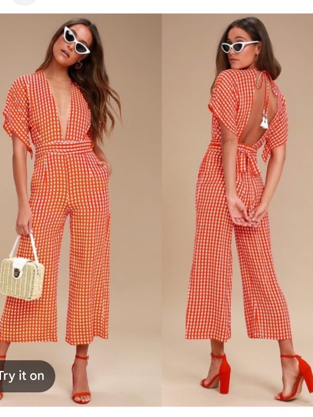 Faithfull The Brand Cedric Gingham Wide Leg Jumpsuit Plunge Neck Red  NEW MEDIUM